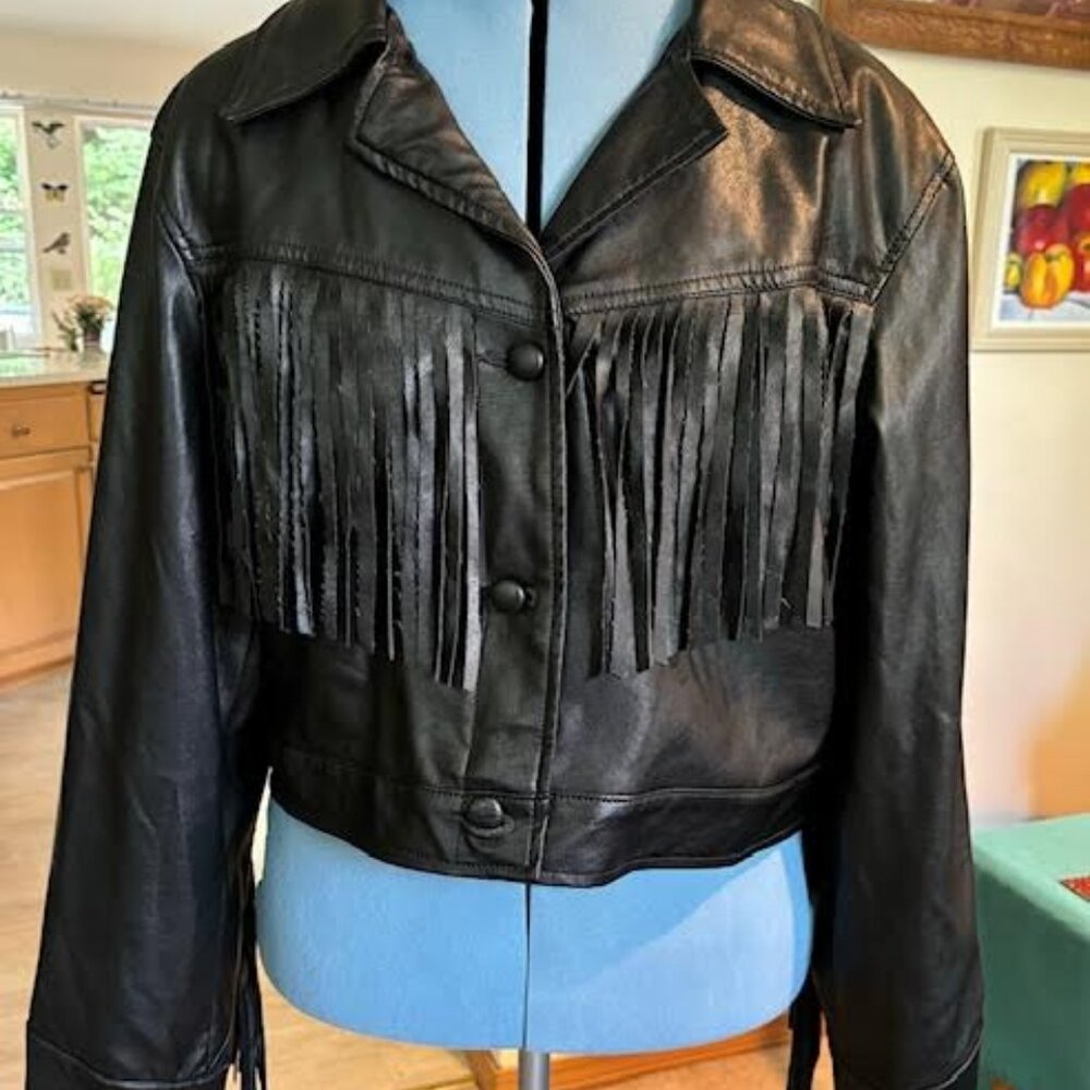Black Faux leather Urban Outfitters XL fringed jacket